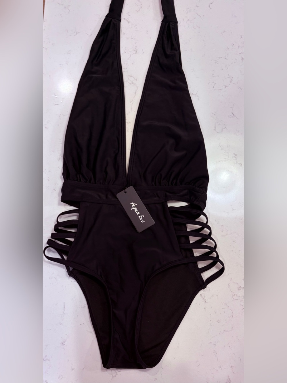NWT Aqua Eve Black Strappy One-Piece Swimsuit
